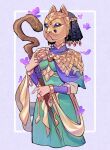  1girl black_hair blue_capelet breasts bug butterfly capelet cat_mask commentary dress english_commentary fire_emblem fire_emblem:_fortune's_weave fuj0ker green_dress grey_background highres holding holding_staff jewelry mask medium_breasts necklace orchel_(fire_emblem) pink_butterfly simple_background solo staff turtleneck 