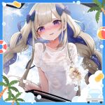  1girl amanogawa_shiina ball beachball blonde_hair blue_sky blush bow breasts english_commentary hair_bow highres holding holding_sponge multicolored_hair official_art one-piece_swimsuit palm_tree phase_connect purple_bow purple_eyes purple_hair purple_nails second-party_source see-through_clothes see-through_shirt shirt sky small_breasts soap_bubbles solo sponge swim_ring swimsuit teddypocky tree two-tone_hair virtual_youtuber washing_vehicle wet wet_clothes wet_shirt white_shirt 