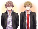  2boys ^_^ antenna_hair arms_at_sides arms_behind_back black_jacket choppy_bangs closed_eyes collarbone commentary_request dress_shirt facing_viewer flower_symbol gakuran green_eyes grin hair_between_eyes happy_aura jacket layered_shirt male_focus multiple_boys open_clothes open_jacket open_shirt oshitari_kenya parted_bangs partially_unbuttoned red_shirt school_uniform shiraishi_kuranosuke shirt short_hair side-by-side smile somemiya_suzume straight-on tennis_no_ouji-sama unbuttoned upper_body v-shaped_eyebrows very_short_hair white_background white_shirt 