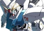  arms_at_sides commentary_request f91_gundam glowing glowing_eye green_eyes gundam gundam_f91 highres light_particles mecha mecha_focus mobile_suit no_humans open_hand robot science_fiction shouji_nigou simple_background solo upper_body v-fin white_background 