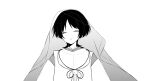  1boy arms_at_sides blunt_ends choppy_bangs closed_eyes clothing_cutout eyeliner facing_viewer feathers genshin_impact greyscale highres japanese_clothes kariginu kimono kusa_013yyds makeup male_focus monochrome open_mouth parted_bangs pom_pom_(clothes) portrait scaramouche_(genshin_impact) scaramouche_(kabukimono)_(genshin_impact) see-through_clothes see-through_veil shoulder_cutout solo straight-on string tearing_up tears veil white_background wolf_cut 