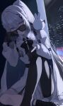 1girl absurdres aki_tsune black_bow black_bowtie black_gloves black_pantyhose bow bowtie building cityscape collared_shirt colobbit commentary_request creature epaulettes gloves grey_eyes grey_hair high_ponytail highres jacket jacket_on_shoulders long_hair long_sleeves looking_at_viewer looking_over_eyewear medal nijisanji pantyhose ponytail shirt single_leg_pantyhose sitting skirt skyscraper solo sophia_valentine sunglasses virtual_youtuber white_jacket white_shirt white_skirt 