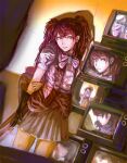  1girl absurdres arm_at_side arm_behind_back black_gloves bow bowtie brown_eyes brown_hair clothes_around_waist commentary earrings facing_viewer gloves hand_on_own_arm head_tilt highres jacket jewelry kujikawa_rise legs_apart lipstick long_hair looking_afar looking_to_the_side makeup multicolored_jacket multiple_views open_clothes open_jacket outstretched_arm parted_lips persona persona_4 persona_4_the_golden pleated_skirt shijie_de_zaie_-_zhaoze shirt short_sleeves short_twintails single_earring skirt solo standing stud_earrings swept_bangs television twintails two-tone_jacket upper_body white_bow white_bowtie white_jacket white_shirt 