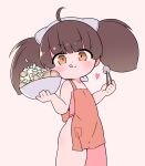  1girl :q ahoge apron bemani blush bowl brown_hair chopsticks commentary cowboy_shot dot_nose food highres holding holding_bowl holding_chopsticks holding_with_chopsticks kiosk_(artist) naked_apron noodles orange_apron orange_eyes ramen short_twintails simple_background solo sound_voltex tongue tongue_out twintails yamashina_kanade 