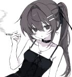  1girl :o alternate_breast_size_(smaller) belt_collar black_choker black_dress breasts brown_eyes brown_hair choker cigarette collar commentary cross cross_necklace dress hair_between_eyes hair_ornament hairclip highres jewelry kitty_17a long_hair minakami_yuki necklace parallel_hairclips ponytail sleeveless small_breasts smoke smoking solo subarashiki_hibi 