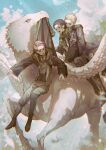  3boys :d black_coat black_hair black_pants blonde_hair blue_sky brown_hair brown_shoes cloud coat commentary_request cuso4_suiwabutu feathered_wings feathers flying flying_sweatdrops forehead full_body green_necktie green_scarf grey_vest hair_slicked_back highres hippogriff hogwarts_legacy hogwarts_school_uniform horseback_riding hug hug_from_behind lifting_person light_rays long_sleeves midair mouth_hold multiple_boys necktie ominis_gaunt open_mouth outdoors pants protagonist_(hogwarts_legacy) riding scarf school_uniform sebastian_sallow shoes sitting sky slytherin smile sunbeam sunlight two-sided_coat two-sided_fabric vest white_feathers wide_sleeves wings wizarding_world yellow_eyes 