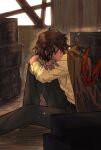  1boy attic belt black_belt black_pants brown_coat brown_hair closed_eyes coat coat_on_shoulders commentary crate dead_rabbits_(identity)_(project_moon) heathcliff_(project_moon) highres killerohan light_particles limbus_company male_focus pants project_moon shirt sleeping solo window yellow_shirt 