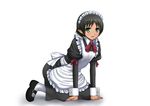  all_fours arm_support black_dress black_hair bow bowtie cuthfleda dark_skin dress green_eyes hairband juliet_sleeves kneeling long_sleeves lotte_no_omocha! maid maid_headdress natsuzakura_yuuki pantyhose pointy_ears puffy_sleeves red_bow red_neckwear short_hair simple_background solo white_background wrist_cuffs 