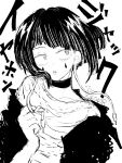 1girl audio_jack black_collar black_eyes black_jacket boku_no_hero_academia collar commentary_request dated diagonal_bangs facial_mark heart highres jacket jiro_kyoka long_earlobes looking_to_the_side mark_under_eye monochrome open_mouth shirt short_hair sidelocks simple_background sketch teardrop_facial_mark text_background tyunnu_z_n_kmt upper_body white_background white_shirt 