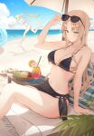  2girls absurdres adjusting_eyewear arm_support bare_shoulders beach beach_umbrella bikini black_bikini black_sarong blonde_hair blue_eyes blue_sky bowl breasts brown_eyes cleavage closed_mouth cloud commentary day drink drinking_straw eyewear_on_head flower food frilled_bikini frills fruit glass hair_ornament hair_scrunchie halterneck hand_up highres horizon innertube kiwi_(fruit) knees_up large_breasts long_hair looking_at_viewer mole mole_on_breast mole_under_eye multiple_girls naruse_u navel o-ring o-ring_bikini ocean off-shoulder_bikini off_shoulder orange_(fruit) orange_slice original outdoors parted_bangs running sand sandals sarong scrunchie sitting sky smile spaghetti_strap stomach string_bikini summer sunglasses swim_ring swimsuit triangle_bikini_top twintails umbrella underboob unworn_sandals wet wet_clothes white_bikini white_flower 