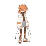  1girl a.i._voice adachi_rei arms_at_sides black_shirt closed_mouth commentary full_body grey_skirt highres jacket kurusuke_(kurumi) long_sleeves looking_at_viewer medium_hair miniskirt one_side_up open_clothes open_jacket orange_eyes orange_hair shirt shoes simple_background skirt sneakers solo standing untranslatable_commentary utau white_background white_jacket white_shoes 