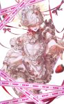  1boy apron bow bow_apron choker contrapposto cowboy_shot criss-crossed_composition cross cross_brooch cross_print cuso4_suiwabutu dress food foot_out_of_frame foreshortening frilled_apron frilled_dress frilled_sleeves frilled_thighlet frilled_wrist_cuffs frills fruit gabriel_(what_in_hell_is_bad) glowing glowing_halo gold_cross hair_over_one_eye halo heart_apron highres keep_out latin_cross lower_teeth_only maid_headdress male_focus motion_blur one_eye_closed open_mouth outstretched_arm pale_skin pocket print_apron raining_food reaching reaching_towards_viewer red_choker red_ribbon ribbon ribbon_choker shoes short_dress sidelocks simple_background solo standing standing_on_one_leg strawberry sweat teeth thighhighs v-shaped_eyebrows watermark what_in_hell_is_bad white_apron white_background white_bow white_dress white_eyes white_hair white_shoes white_thighhighs white_wrist_cuffs wrist_cuffs yellow_halo 