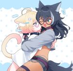  2girls animal_ears belt biting biting_cheek black_hair blonde_hair blue_eyes cat_ears cat_girl cat_tail collar commission dog_ears dog_girl dog_tail exposed_pocket fraiisiemimi glasses highres hug indie_virtual_youtuber long_hair long_sleeves midriff minikomew multicolored_hair multiple_girls mutual_hug rorii round_eyewear second-party_source shirt short_hair shorts single_fishnet_legwear streaked_hair tail virtual_youtuber white_hair yuri 