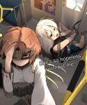  2girls :d absurdres barefoot black_shirt blonde_hair blue_skirt brown_hair closed_mouth cloudykeyz dress english_text hair_between_eyes half_mask hand_on_own_face highres iwanaga_ariya long_bangs long_hair long_sleeves looking_at_viewer mask multiple_girls one_eye_closed open_mouth parted_bangs partially_shaded_face pointing poster_(object) purple_dress red_eyes sash shirt short_hair skeletal_wings skirt sleeveless sleeveless_shirt smile stuck touhou train_interior white_hair white_shirt wings yakumo_yukari yuiman_asama 