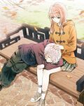  1boy 1girl absurdres bench cargo_pants closed_eyes closed_mouth coat commentary_request duffel_coat grass green_skirt hand_on_another's_head hetero highres lap_pillow leaf long_hair long_sleeves looking_at_another on_bench ooshima_towa orange_coat original outdoors pants pink_hair shoes short_hair sitting skirt sneakers socks stone_walkway twintails white_hair 