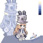  1girl blonde_hair blue_jacket chibi chibi_only commentary_request full_body grey_hat grey_helmet happy_birthday hat helmet highres jacket large_hat long_hair norma_hollowell purple_eyes shako_cap smile solo washan zenless_zone_zero 