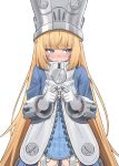  1girl absurdres averting_eyes blonde_hair blue_eyes blue_jacket blush closed_mouth commentary cowboy_shot embarrassed garter_belt gloves grey_hat hat helmet highres index_fingers_together jacket large_hat long_hair norma_hollowell olecafe2 shako_cap simple_background solo white_background white_garter_belt white_gloves zenless_zone_zero 