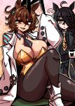 ... 2girls absurdres adapted_costume agnes_tachyon_(tach-nology)_(umamusume) agnes_tachyon_(umamusume) ahoge animal_ears ashy_(dankestsin) black_choker black_coat black_gloves black_hair black_shirt black_skirt breasts brown_hair brown_pantyhose choker cleavage coat coffee_mug collared_shirt cup ear_tag earrings fake_animal_ears gloves hair_between_eyes highres holding holding_cup horse_ears horse_girl jewelry lab_coat large_breasts leotard long_bangs long_hair long_hair_between_eyes long_sleeves manhattan_cafe_(creeping_shadow)_(umamusume) manhattan_cafe_(umamusume) mug multicolored_hair multiple_girls necktie nontraditional_playboy_bunny open_mouth pantyhose rabbit_ears red_eyes shirt shoes short_necktie single_earring skirt sleeves_past_fingers sleeves_past_wrists smile spoken_ellipsis sweater umamusume white_coat white_hair white_shoes yellow_eyes yellow_leotard yellow_necktie 