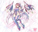  1girl armored_boots armored_leotard bilingual_commentary boots breasts cat_with_a_brush commentary_request covered_nipples feathered_wings full_body gauntlets highres large_breasts leotard looking_at_viewer mechanical_wings medium_hair mixed-language_commentary pink_hair purple_eyes purple_leotard remielle_dan solo white_background white_boots white_wings wings zenless_zone_zero zoom_layer 