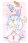  1girl absurdres animal_hat ass_visible_through_thighs blonde_hair blue_bow blue_eyes blue_hair blush bow bow_panties candy clothes_lift colored_inner_hair commentary_request dress dress_lift food hair_bow hair_ornament hat heart heart_hair_ornament heterochromia highres holding holding_food lifting_own_clothes lollipop long_hair long_sleeves looking_at_viewer multicolored_hair neck_ribbon open_mouth original oversized_clothes panties pink_background ribbon shirt side_ponytail smile solo standing thigh_strap thighs tongue tongue_out underwear watermark white_background white_hair white_panties white_shirt yellow_eyes yellow_ribbon yuanzi_ako 