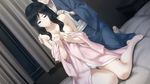  1girl barefoot bed black_eyes black_hair blush breasts covering feet game_cg highres innocent_grey japanese_clothes kara_no_shoujo_2 kimono kuchiki_chizuru kuchiki_fumiya large_breasts legs long_hair no_bra panties sitting sugina_miki thighs toes underwear undressing 