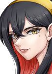  1girl absurdres black_hair carmine_(pokemon) colored_inner_hair commentary_request crossed_bangs eyelashes grin hair_behind_ear hair_between_eyes hairband highres kikyouta long_hair mole mole_under_eye multicolored_hair pokemon pokemon_scarlet_and_violet portrait simple_background smile solo white_background yellow_eyes yellow_hairband 