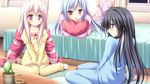  black_hair blue_eyes blue_hair game_cg long_hair lump_of_sugar moekibara_fumitake oumi_kokoro pajamas pink_eyes pink_hair sekai_to_sekai_no_mannaka_de shiratori_aira tsukidate_minori 