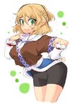  bent_over bike_shorts blonde_hair blush braid breasts covered_nipples earrings eyebrows eyebrows_visible_through_hair flying_sweatdrops green_eyes hand_on_hip iroyopon japanese_clothes jewelry large_breasts mizuhashi_parsee pointy_ears scarf short_hair solo thick_eyebrows touhou 