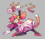  1girl animal_ears bell black_socks cat_ears cat_girl commentary_request derivative_work dot_nose dress flats gloves grey_background highres holding holding_staff holding_weapon jingle_bell looking_at_viewer mad_mew_mew magical_girl pink_dress pink_hair pink_shoes puffy_short_sleeves puffy_sleeves shoes short_sleeves simple_background smile socks solo sprite_redraw staff tail twitter_username undertale utdr_(toby_fox) weapon white_gloves yuzuki_v 