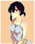  black_hair blush breasts camisole closed_mouth collarbone commentary_request hair_between_eyes horizontal_stripes kill_la_kill looking_at_viewer matoi_ryuuko medium_breasts mittsun multicolored_hair navel open_eyes orange_background outline red_hair short_hair simple_background solo stomach striped two-tone_hair upper_body 