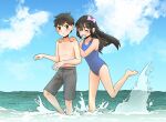  1boy 1girl aged_down alternate_costume antenna_hair aubrey_(faraway)_(omori) aubrey_(omori) barefoot black_eyes black_hair black_swim_trunks blue_one-piece_swimsuit blue_sky blush bow bright_pupils cloud collarbone commentary_request day dendenmushi1064 grin hair_bow hands_on_another's_shoulders highres long_hair looking_at_another male_swimwear ocean omori one-piece_swimsuit outdoors pink_bow short_hair sidelocks sky smile sunny_(omori) swim_trunks swimsuit teeth topless_male water white_pupils 