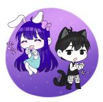  1boy 1girl animal_ears antenna_hair aubrey_(headspace)_(omori) aubrey_(omori) barefoot black_eyes black_hair black_socks black_tank_top blue_shirt blush bow cat_boy cat_ears cat_tail chibi chibi_only closed_eyes colored_skin commentary_request dendenmushi1064 hair_bow highres invisible_floor kemonomimi_mode long_shirt looking_at_viewer omori omori_(omori) open_mouth pink_bow purple_hair rabbit_ears rabbit_girl shirt shorts sidelocks smile socks standing striped_clothes striped_shorts t-shirt tail tank_top vertical-striped_clothes vertical-striped_shorts white_shorts white_skin 