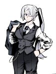  1girl 42dan_2dddddddaaaaaaa ak-15_(girls'_frontline) black_jacket black_necktie black_pants black_vest collared_shirt commentary girls'_frontline highres jacket necktie pants ponytail purple_eyes red_pupils shirt simple_background solo untranslatable_commentary unworn_jacket vest white_hair white_shirt 
