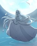  1girl absurdres archetype_earth archetype_earth_(third_ascension) arcueid_brunestud backless_dress backless_outfit bare_shoulders blue_moon blue_theme breasts cleavage closed_eyes commentary detached_collar detached_sleeves dress falling_petals fate/grand_order fate_(series) floating flower from_behind gloves hair_between_eyes hair_flower hair_ornament hair_ribbon highres holding_own_dress long_dress long_hair midair moon petals puffy_detached_sleeves puffy_sleeves ribbon shade solo str_kgkt turning_head very_long_hair water wide_sleeves 