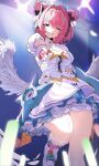  1girl absurdres alternate_costume alternate_hairstyle aria_(human)_(zenless_zone_zero) aria_(zenless_zone_zero) aria_(zenless_zone_zero)_(cosplay) black_bow bow breasts chamchamshia commentary_request concert cosplay cowboy_shot dress feathered_wings fingerless_gloves gloves glowstick hair_bow hair_intakes hair_ornament highres large_breasts looking_at_viewer medium_hair one_eye_closed pink_gloves pink_hair pointing pointing_at_viewer purple_eyes remielle_dan sitting smile stage thighs wariza white_dress white_wings wings zenless_zone_zero 