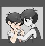  2boys alternate_costume alternate_universe antenna_hair black_eyes black_hair black_shirt black_tank_top blush colored_skin commentary_request crying crying_with_eyes_open double-parted_bangs dual_persona hands_on_another's_shoulders looking_at_another male_focus multiple_boys omori omori_(omori) parted_lips shirotsume_143 shirt short_hair short_sleeves sunny_(omori) t-shirt tank_top tears white_skin 