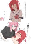  >_< 2girls ? absurdres after_sex bed_sheet black_shirt blue_eyes blush bocchi_the_rock! bow bowtie breasts cleavage empty_eyes flying_sweatdrops gotoh_hitori green_eyes highres kawai_ritsu_(rits_meg) kita_ikuyo looking_at_viewer multiple_girls naked_sheet one_side_up open_mouth pink_hair red_bow red_bowtie red_hair sailor_collar shirt short_sleeves tongue tongue_out translation_request yellow_shirt yuri 