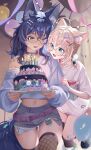  2girls ahoge animal_ears balloon belt black_hair blonde_hair blue_eyes cat_ears cat_girl cat_tail commission dog_ears dog_girl dog_tail foxckiss glasses highres indie_virtual_youtuber long_hair long_sleeves midriff minikomew multiple_girls rorii round_eyewear second-party_source shirt shorts single_fishnet_legwear tail thighhighs virtual_youtuber 