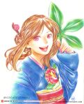  1girl :d artist_name blue_kimono brown_hair colored_pencil_(medium) commentary english_commentary floral_print floral_print_kimono greatfuzzball hair_bun hair_ornament hair_stick holding holding_leaf japanese_clothes kakuriyo_no_yadomeshi kimono leaf long_hair long_sleeves pink_eyes pink_nails print_kimono smile solo traditional_media tsubaki_aoi upper_body web_address 