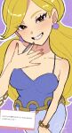  1girl beauty_(pokemon) beauty_(pokemon_dppt) belt blonde_hair blue_shirt breasts brown_eyes cleavage collarbone commentary earrings eyelashes grin hand_up head_tilt highres jewelry long_hair looking_at_viewer meru_merume603 nail_polish orange_nails outline pokemon pokemon_brilliant_diamond_and_shining_pearl purple_background shirt signature skirt sleeveless sleeveless_shirt smile solo teeth translation_request 