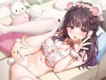  1girl animal_ears ass bare_shoulders bear_cutout bear_ear_panties bear_tail bell blush bra braid breasts brown_hair censored choker cleavage cleavage_cutout clothing_cutout couch covered_nipples fake_animal_ears fake_tail fellatio_gesture frilled_bra frilled_hairband frills hairband hand_on_own_thigh highres jingle_bell kuria_(clear_trip_second) large_breasts leg_up long_hair looking_at_viewer lying mosaic_censoring navel on_back on_couch original panties red_eyes solo stomach stuffed_animal stuffed_toy tail thighhighs thighs tongue tongue_out underwear v voice_drama_available white_bra white_choker white_panties white_thighhighs 