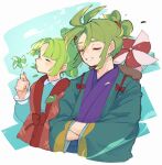  2boys aqua_haori bow closed_eyes closed_mouth commentary_request cropped_torso crossed_arms curtained_hair falling_leaves folded_ponytail green_hair hair_ornament hairclip hand_up hands_in_opposite_sleeves hanten_(clothes) haori highres holding holding_pinwheel japanese_clothes jin_(puyopuyo) kimono leaf male_focus multiple_boys parted_lips pinwheel purple_kimono puyopuyo puyopuyo_quest red_bow senichi_(puyopuyo) short_hair smile storage_pot updo urolo wind 