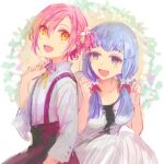  2girls :d akane_ao black_skirt blue_hair collared_shirt commentary_request dress grey_eyes jack_jeanne long_dress low_twintails multiple_girls neck_ribbon open_mouth reverse_trap ribbon shirt sitting skirt smile suspender_skirt suspenders tachibana_kisa twintails white_dress white_shirt yellow_eyes yellow_ribbon yuhazu_(rhe-rhe) 