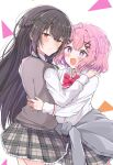  2girls amaori_renako ashigaya_high_school_uniform black_hair blush bow bowtie clothes_around_waist collar commentary_request grey_vest hair_ornament highres hug koto_satsuki long_hair looking_at_another looking_at_viewer looking_back multiple_girls open_mouth pink_hair plaid_clothes plaid_skirt purple_eyes red_bow red_eyes school_uniform shirt short_hair skirt smile sparkling_eyes sweater sweater_around_waist tears tetorariumu vest watashi_ga_koibito_ni_nareru_wake_naijan_murimuri! white_collar white_sleeves x_hair_ornament yuri 