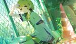  absurdres black_bow blonde_hair bottle bow braid chain-link_fence commentary fence fujita_kotone gakuen_idolmaster hand_up highres idolmaster looking_to_the_side namae_kimaranai nature on_ground outdoors oversized_clothes plastic_bottle shirt shorts sitting sunlight sweat traffic_cone twin_braids water_bottle 