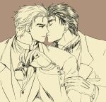  2boys adoptive_siblings alternate_costume ascot bow bowtie cigar closed_eyes closed_mouth coat collared_shirt commentary_request dio_brando hand_on_another's_arm holding holding_cigar imminent_kiss jojo_no_kimyou_na_bouken jonathan_joestar kumip looking_at_another lowres male_focus multiple_boys muted_colors phantom_blood shirt short_hair siblings simple_background suit yaoi 