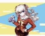  1girl \||/ blue_background blue_eyes blush bow brown_skirt camera charlotte_(anime) chest_bow closed_mouth commentary dimi4561 earphones eyes_visible_through_hair floating_hair hair_between_eyes hand_on_own_hip hand_up holding holding_camera hoshinoumi_academy_school_uniform long_hair long_sleeves looking_at_viewer miniskirt pleated_skirt red_shirt sailor_collar sailor_shirt school_uniform serafuku shirt sidelocks simple_background skirt solo tomori_nao two-tone_background two_side_up wavy_hair white_sailor_collar yellow_background yellow_bow 