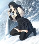  1girl black_eyes black_hair black_legwear breasts camera feet game_cg highres house innocent_grey kara_no_shoujo_2 kneeling legs long_hair looking_away mountain serious shoes skirt small_breasts snow solo sugina_miki thighs tree trees wink 