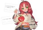  1girl :3 absurdres ahoge apple arknights bare_shoulders belt commentary_request cowboy_shot detached_sleeves earrings exusiai_(apple)_(arknights) exusiai_(arknights) food fruit glowing green_eyes grey_sleeves grey_tank_top halo highres holding iguana152588 jacket jewelry long_hair midriff myrtle_(arknights) navel open_mouth orange_belt parted_bangs pointy_ears red_hair sidelocks signature simple_background single_earring sleeveless tank_top twitter_username white_background yellow_eyes 