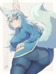 1girl animal_ears aqua_hair ass blue_dress blue_eyes blue_pantyhose border breasts clothes_lift commentary_request dress dress_lift grey_background isagomiya_mimi_(kuromiya) kuromiya large_breasts lifted_by_tail long_hair looking_at_viewer looking_back original panties panties_under_pantyhose pantyhose pantyshot solo striped_clothes striped_pantyhose tail tail_raised thigh_strap thighband_pantyhose underwear vertical-striped_clothes vertical-striped_pantyhose white_border 